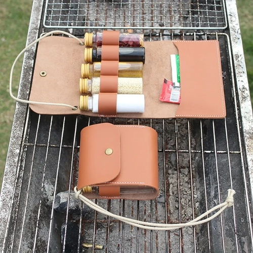 Outdoor Camping Spice Bottle Set Portable Leather Wa...