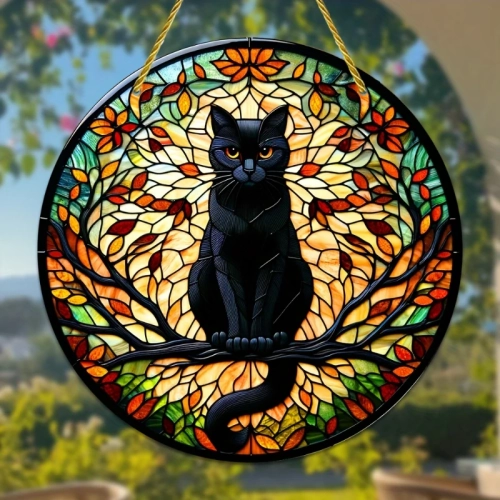 Black Cat In Moonlight Stained Window Hanging Sun Ca...