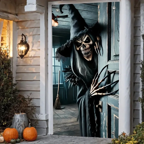Halloween door decoration, terrifying skeleton monst...