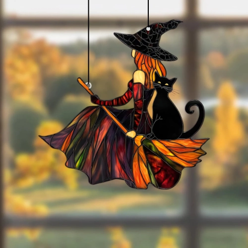 Gothic Acrylic Witch &Black Cat Suncatcher, Hall...