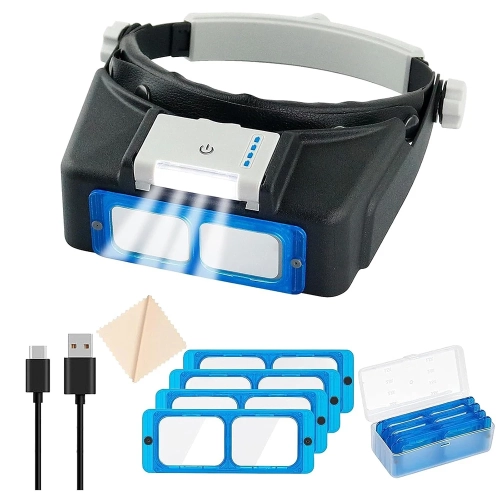Rechargeable Head-Mounted Magnifier with LED Light, ...