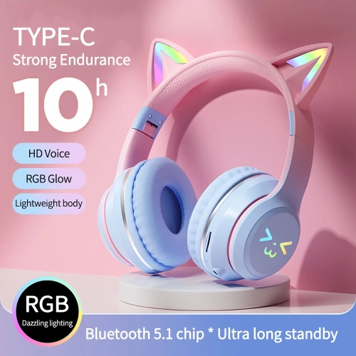 Gradient wireless Headphones RGB cute cat ear Blueto...
