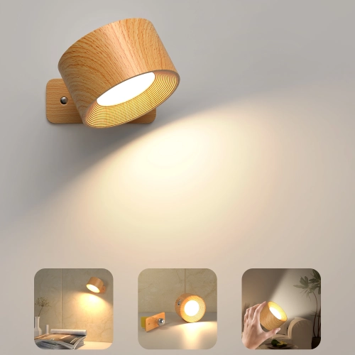 Wooden LED Wall Sconce, 360° Rotatable Dimmable ，Mag...