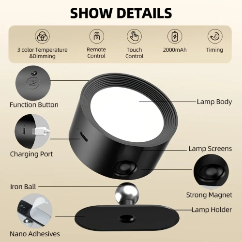 LED Wall Light Night Rechargeable 2000mAh 360° Rotat...