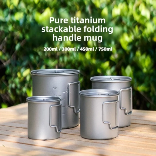 Pure titanium mug with lid, outdoor folding with han...