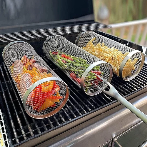 BBQ Basket Stainless Steel Rolling Grilling Basket W...