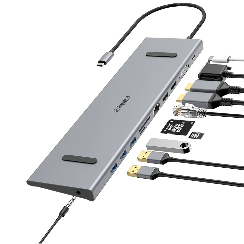 Fairikabe 11IN1 Multi-port USB C Hub Laptop Docking Station With Gigabit Ethernet 2HDMI 100W PD VAG USB3.0 SD/FT Audio For Dell