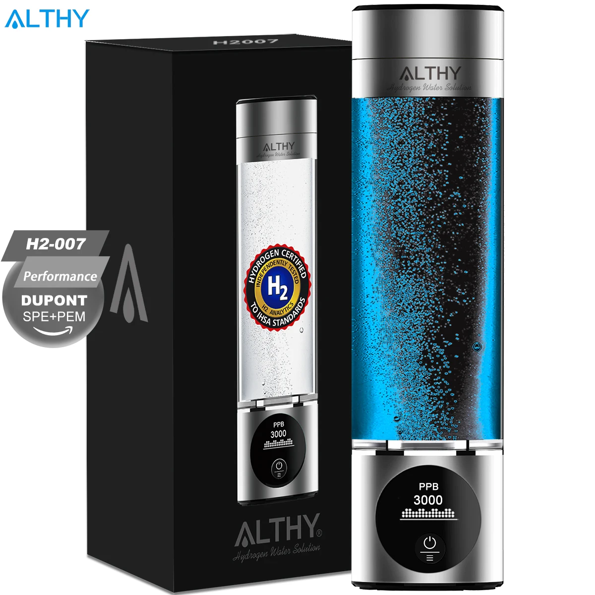 ALTHY Performance Hydrogen Water Generator Bottle DuPont SPE+PEM Dual Chamber lonizer + PPB&Time Display + H2 Inhalation Device