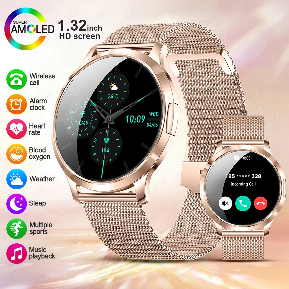LIGE 2025 New Smart Watch For Women AMOLED Screen Watches IP68 Waterproof Heart Rate Monitor Ladies Smartwatch For Huawei Xiaomi