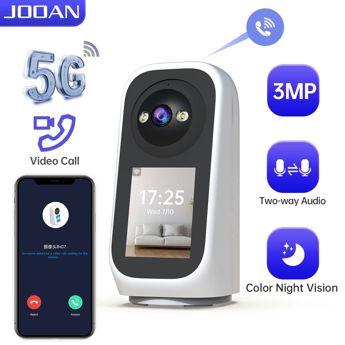 JOOAN 3MP PTZ 5G Wifi Camera HD 2.8” Touch Screen Baby Monitor Smart Home Security Color Night Two Way Audio Wireless IP Camera