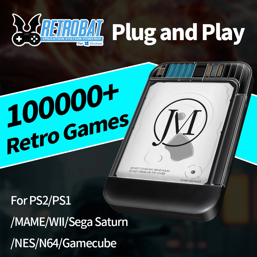 Retrobat 2TB External Game Hard Drive  Retro Game Console with 100000+ Retro Games for PS2/PS1/Wii/PSP/N64/MAME/DC/SS for WIN PC