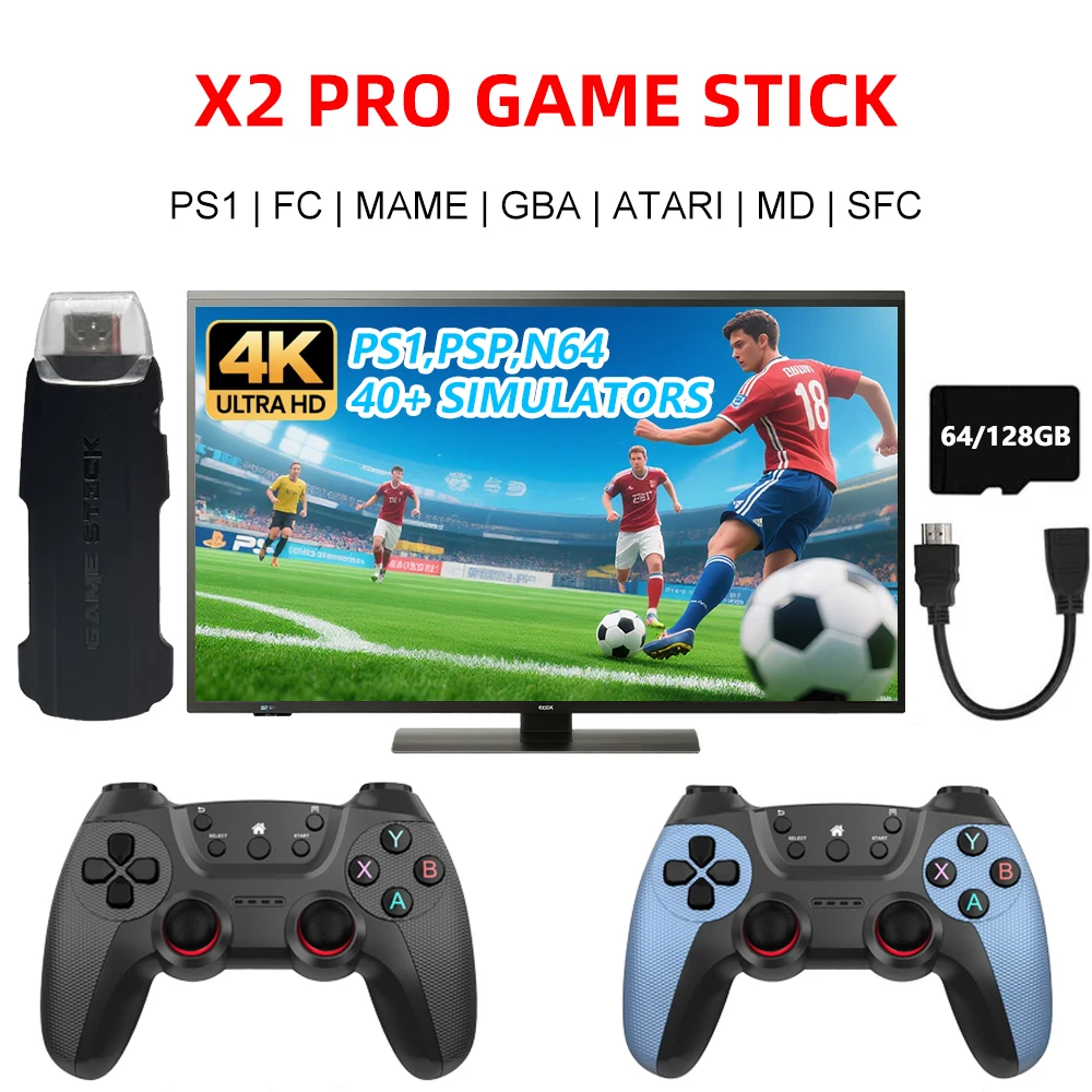 X2 PRO Video Game Console 4K HD 128G Built-in 30000 Games Wireless Controller TV Game Stick Retro Handheld Game Player for GBA
