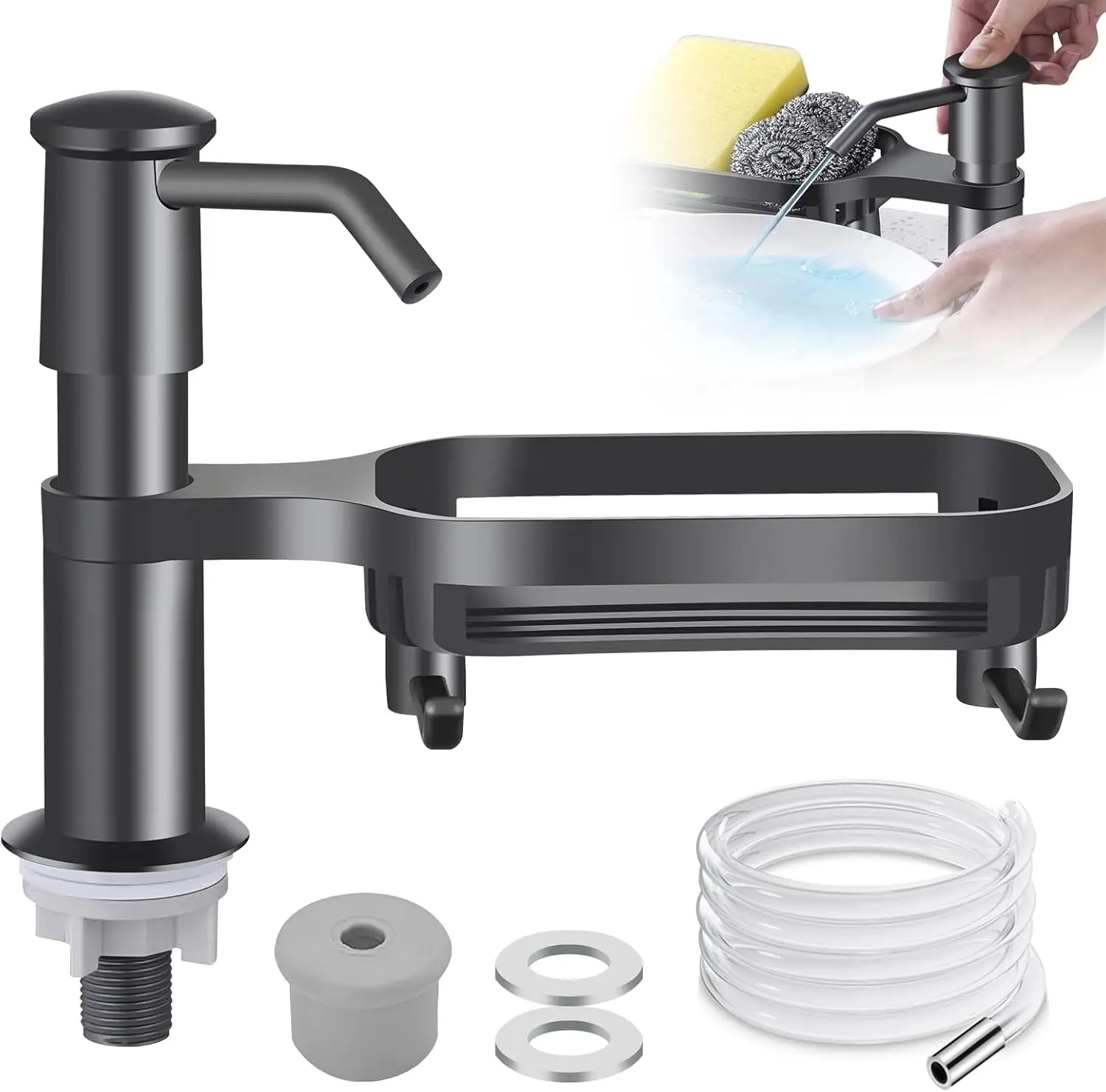 Dish Soap Dispenser for Kitchen Sink Dispenser Countertop Soap Dispenser Pump with Storage Rack  Extension Tube kit, Under Sink