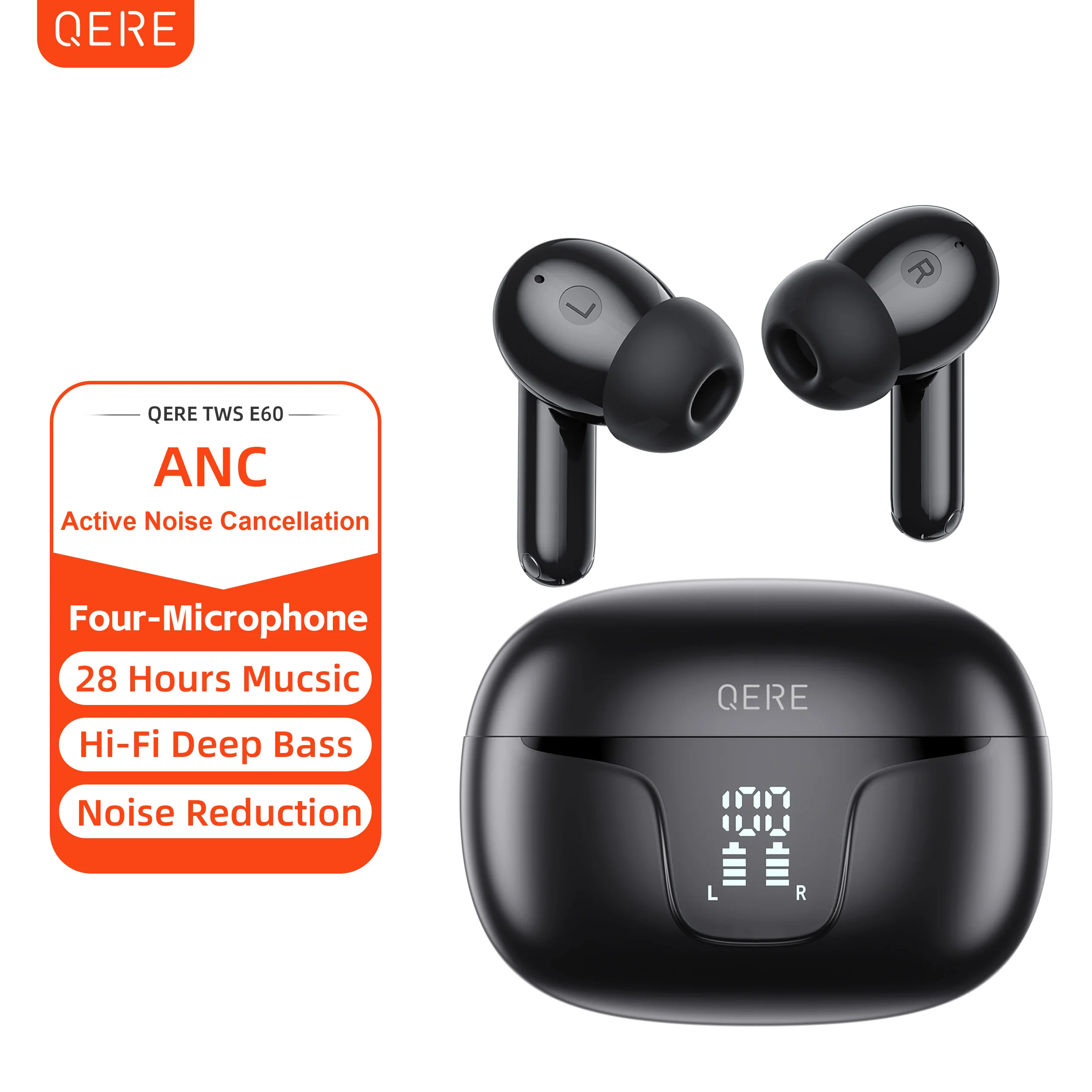 QERE-E60 Wireless Headphones, TWS Bluetooth 5.3,HD Microphone,HIFI Earphones,13mm Driver,Touch control,With displ, ANC Call, New