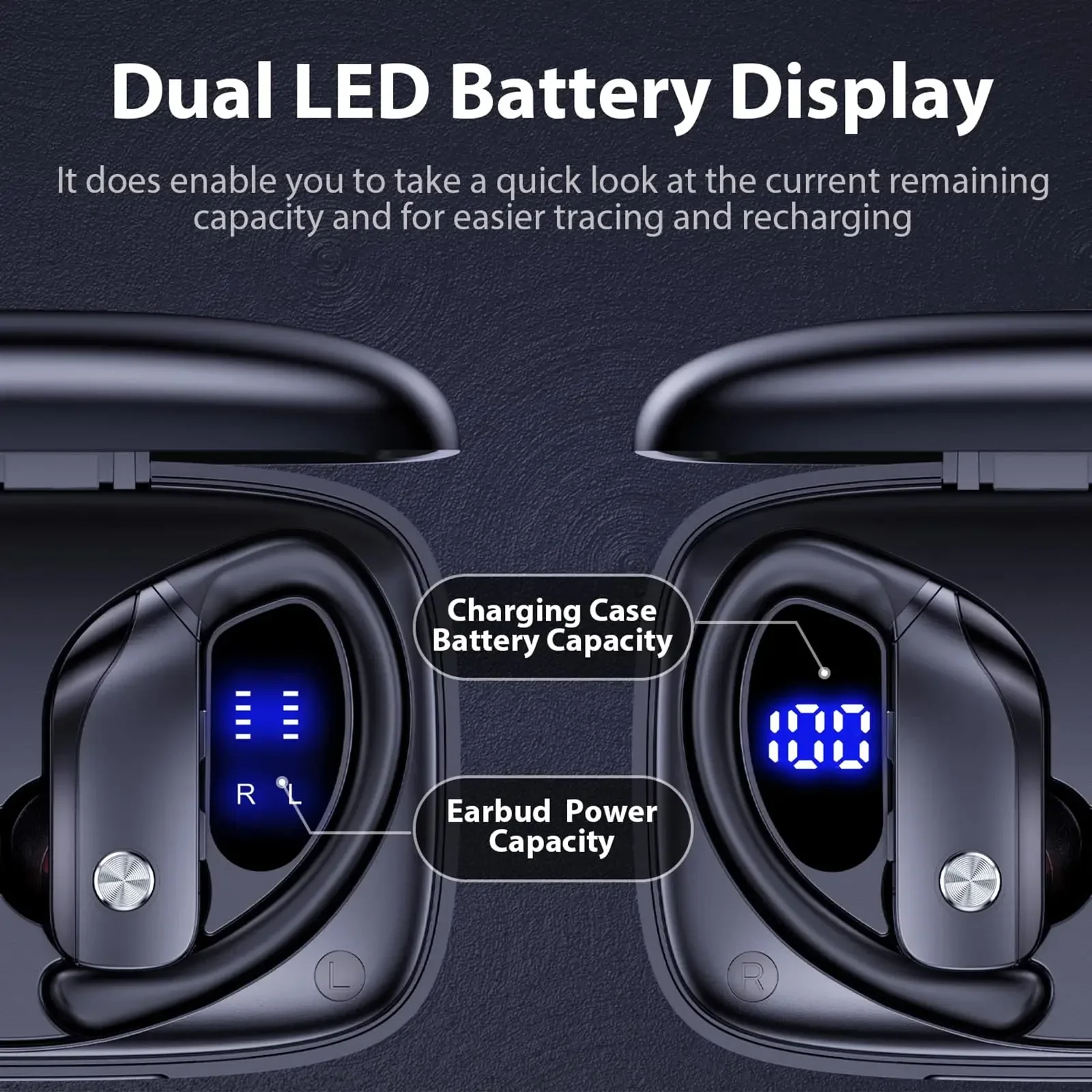 TWS Earhook Sports Fitness Earbuds LED Display Bluetooth Handsfree Call Noise Cancelling Wireless In Ear Earphone Airbuds