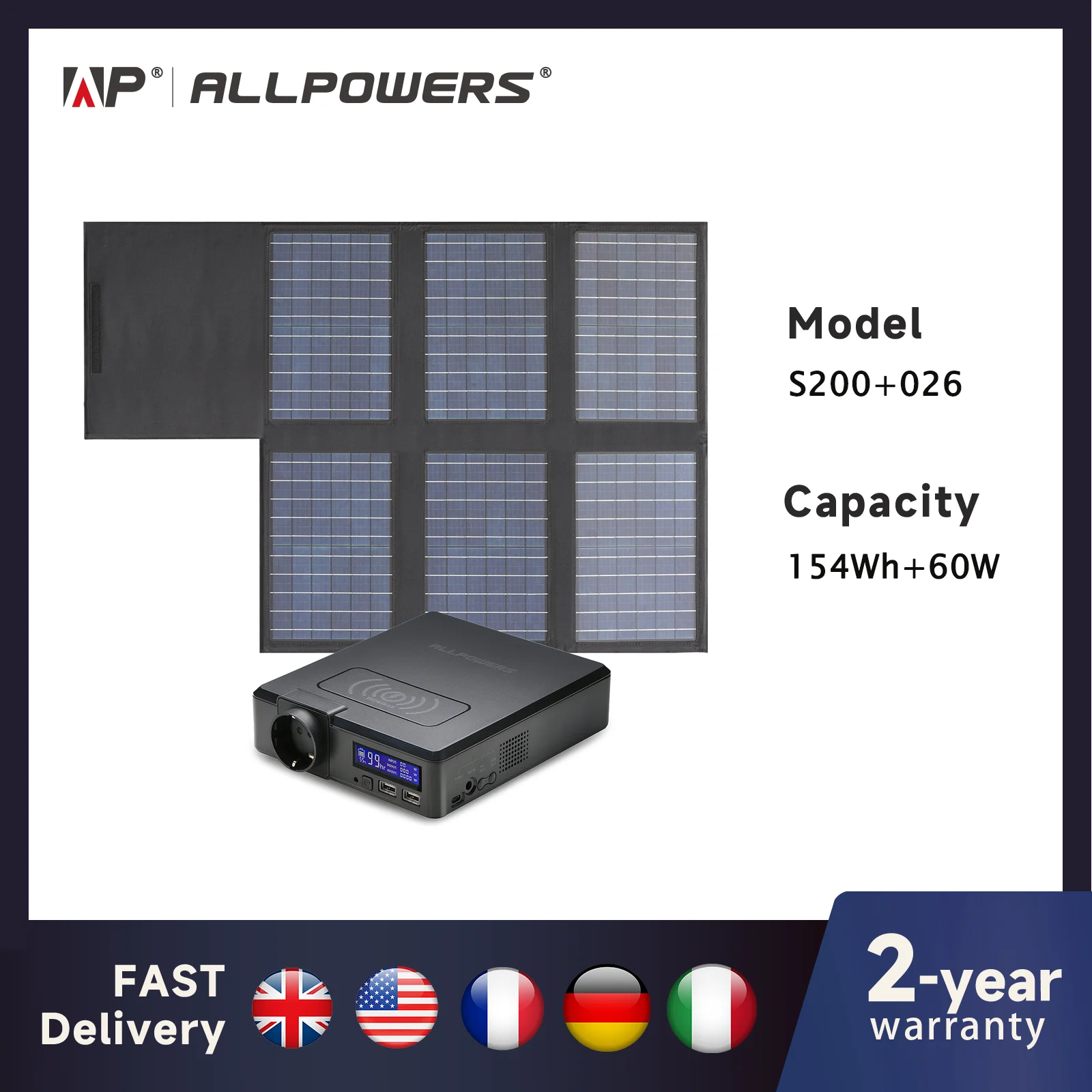 ALLPOWERS Solar Powerbank 41600mAh 200W Portable Powerstation with Solarpanel 60W,DC,USB,USB-C Output  for Camping Laptop Iphone