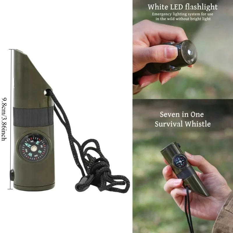 Survival Whistle with Compass Thermometer LED Light Reflective Mirror Sealed Design for Outdoor Camping Hiking Emergency Gear