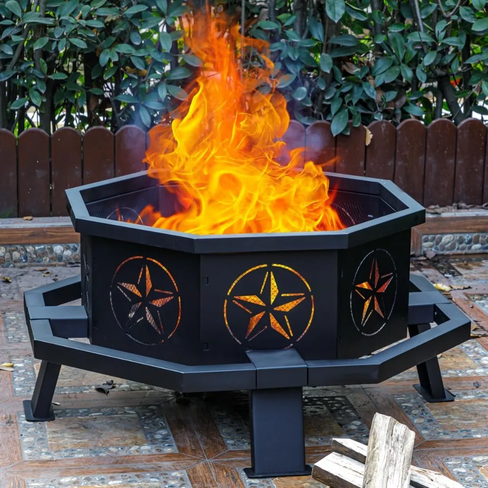35 Inch Octagonal Fire Pit,Outdoor Fire Pit,Wood Burning Firepit for Bonfire,Firepits for Outside,Camping, Backyard, Patio