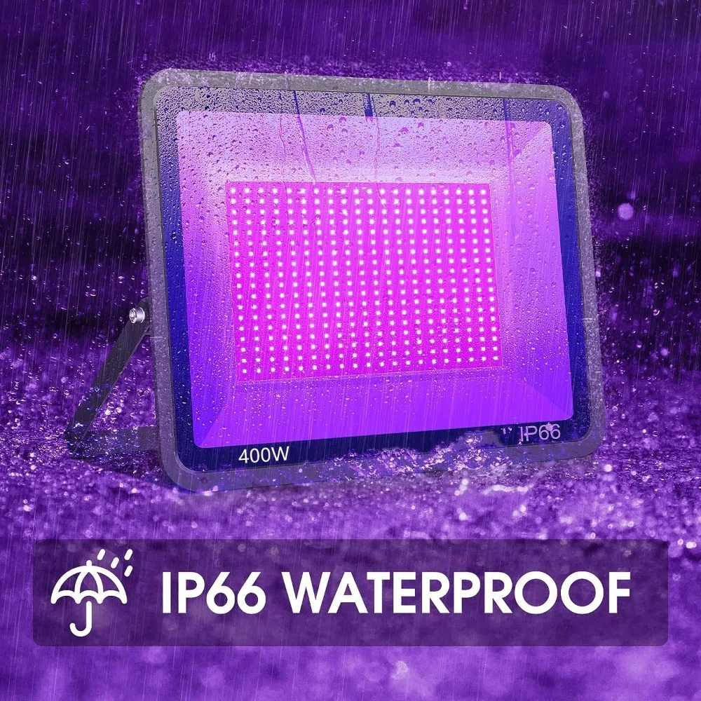 2 Pack 400W LED Black Lights Outdoor, 395nm to 410nm Flood Blacklight Light with Plug, IP66 Waterproof for Dance Party