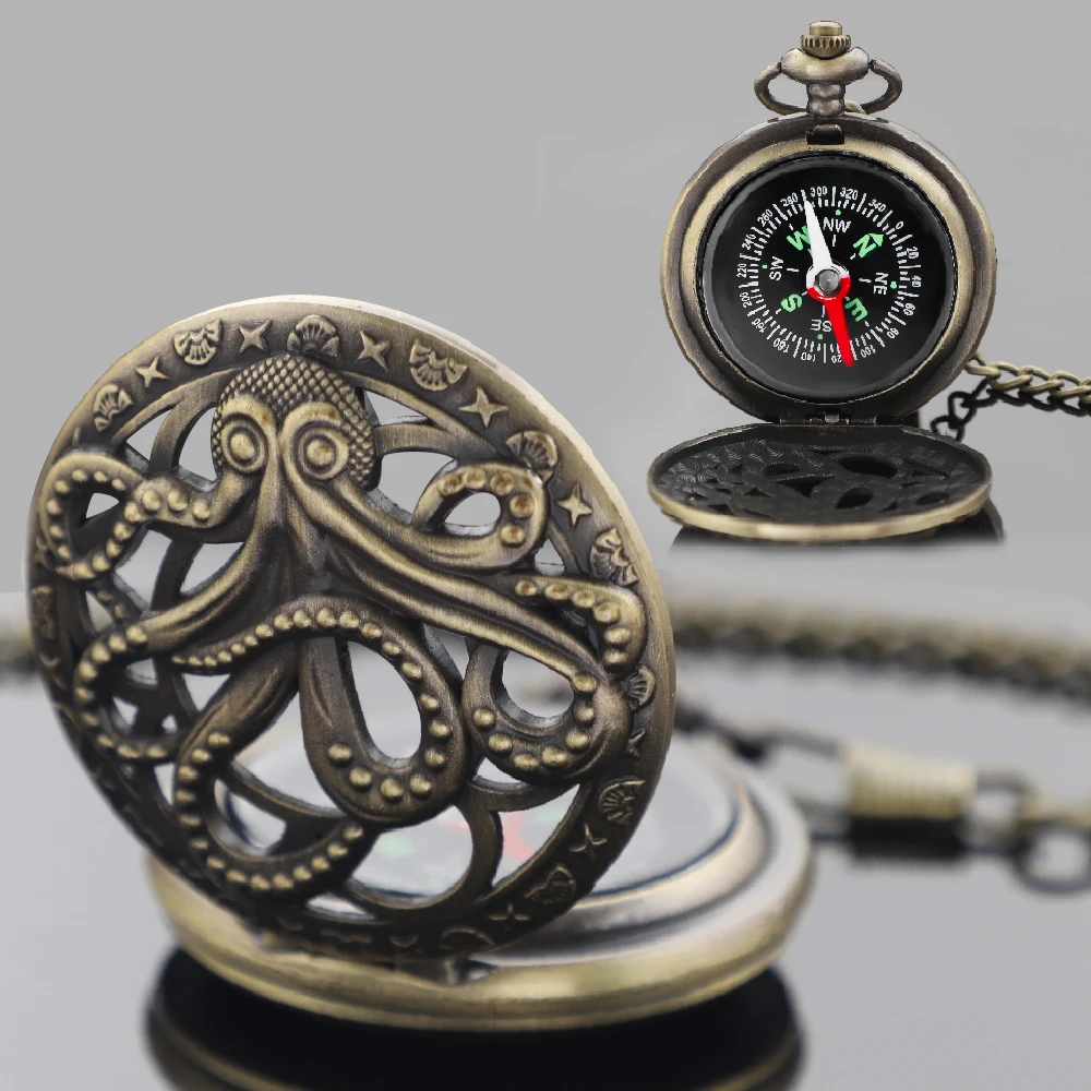Vintage Compass Pocket Watch OctopusHollow Design Outdoor Camping Hiking Portable Pocket Brass Compass Navigation Women Men Gift