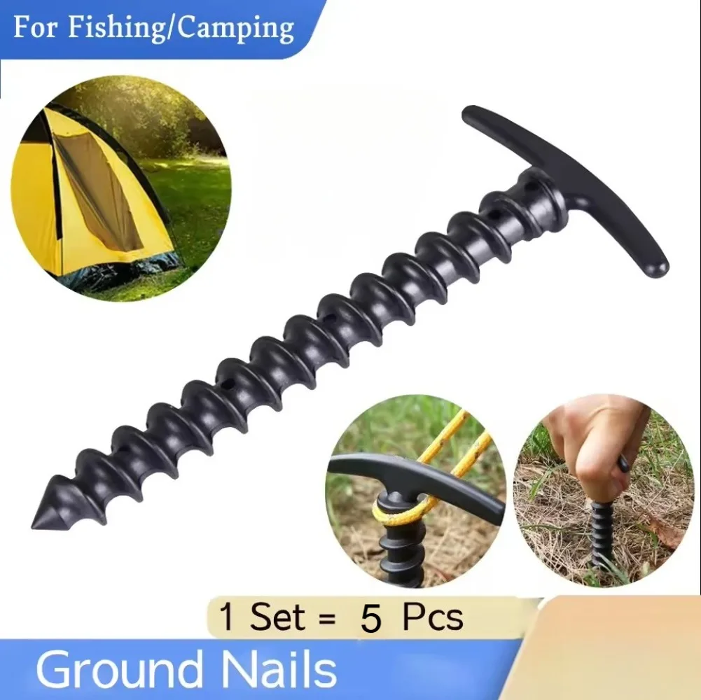 5pcs Black Camping Trip Tent Tack Ground Nails Screw Stakes Pegs Beach Stakes Pins Outdoor Accessories 14.5x7cm Camping Tent