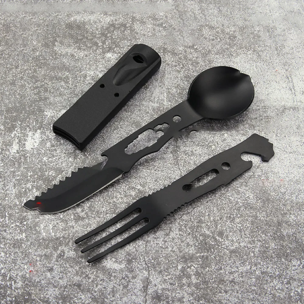 Multifunctional Camping Knife Outdoor Set Stainless Steel Utensils with Whistle Spoon Fork Windproof Combination Gear