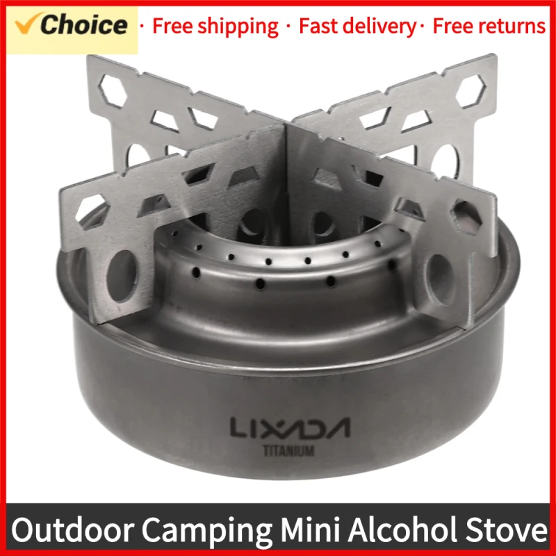 Lixada Outdoor Mini Alcohol Stove Titanium/Stainless Steel Camping Furnace with Cross Stand Stove Rack Picnic Pocket Stove