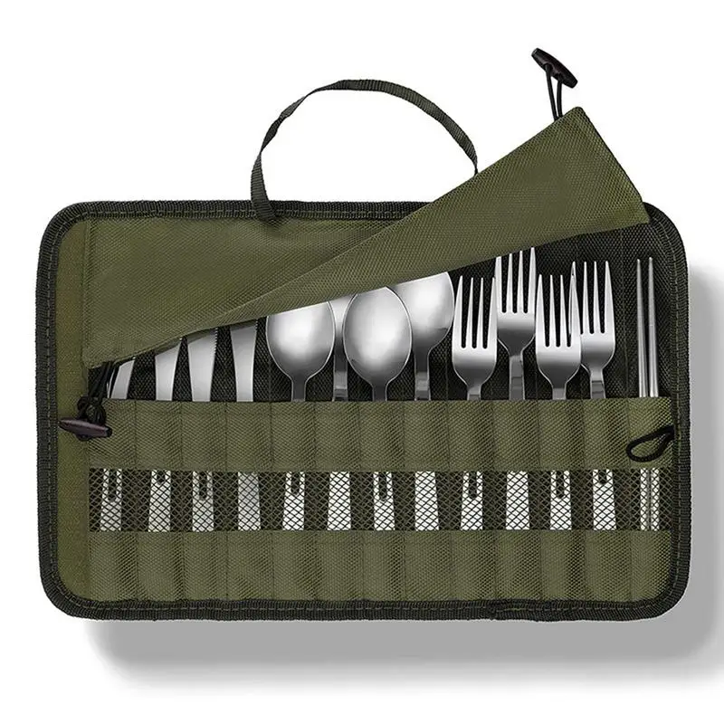 Outdoor Tableware Storage Bag Camping BBQ Cutlery Storage Portable Polyester Roll Up Pouch Bag Cutlery Storage For Travel Beach