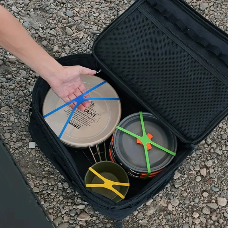 1set H-Shaped Flat Utensil Packing Strap Silicone Elastic Loop Flat Utensil Cross Strap Outdoor Camping Utensil Organizer Bag