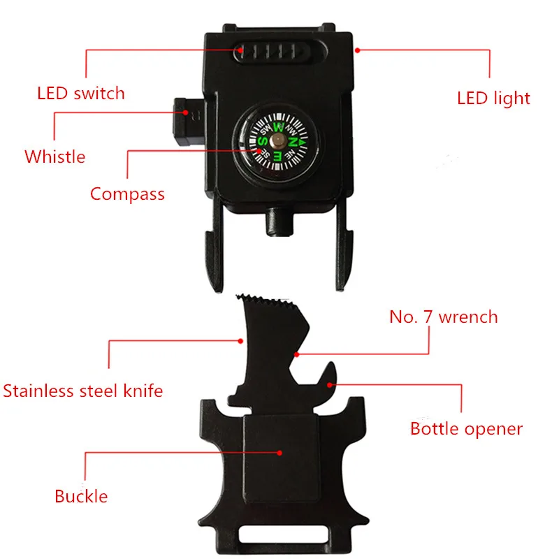 With LED Light Buckle Outdoor Multifunction Survive Tools Survival Whistle Buckle Paracord Bracelet Buckle First Aid Kits